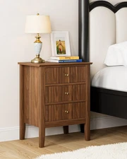Night Stand, Fluted Nightstand Bedside Tall Farmhouse Nightstand with 3 Drawe...