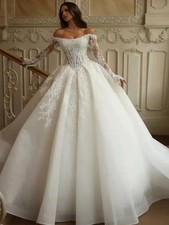 Off Shoulder Long Lace Sleeve Corset Ball Gown Wedding Dress With Long Train