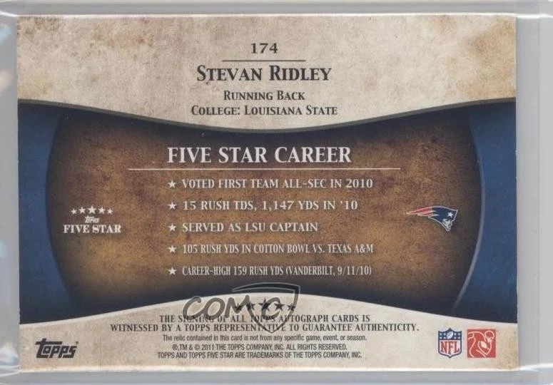 2011 Topps Five Star /99 Stevan Ridley #174 RPA Rookie Patch Auto RC - Image 2 of 2