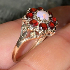 9ct Yellow Gold Opal & Garnet Cluster Flower Ring Hallmarked Size 9 1/2