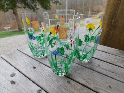 4 ROYAL DANUBE Hand Painted Crystal Drinking Water Tumber Glasses Wildflowers