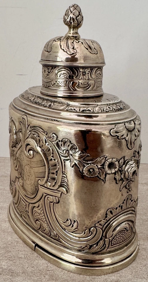 CARRITO DE TÉ PESADO INGLÉS GEORGIANO CRESTADO ESTERLINA 3 PIEZAS JOHN GORHAM LONDRES 1750 Foto 4 de 4