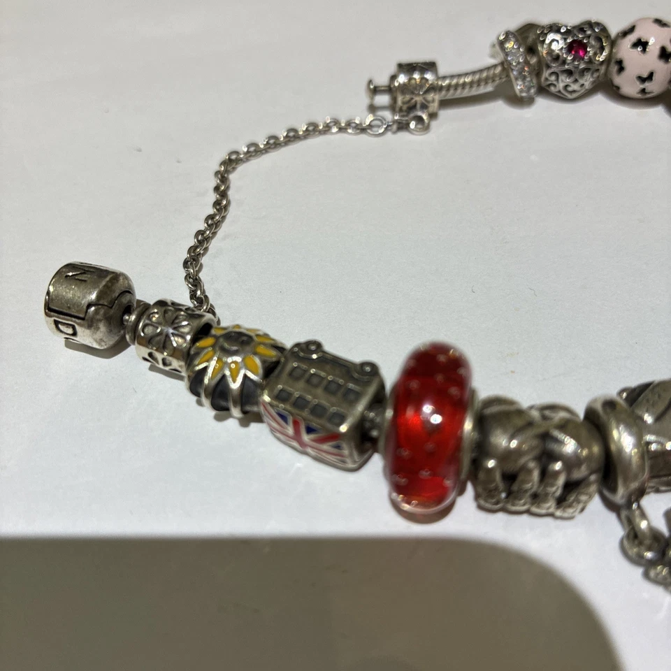 STERLING SILVER PANDORA BRACELET 20 CHARMS VINTAGE with additional clasp  - Image 2 of 4