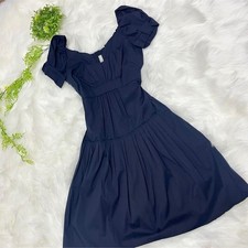 PRADA Dress Flare Puff Sleeve Size S Navy Cotton Elegant Style