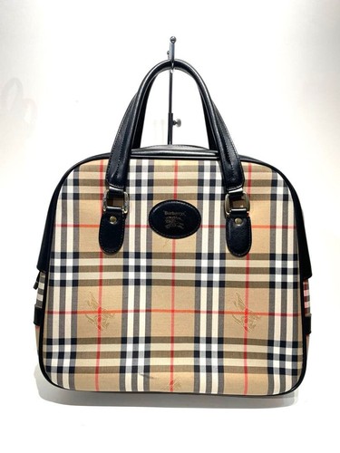 Burberry Beige Black Check Tote Bag Leather Trim Men Large Auth