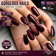 24Pcs Fashion Fake Nails Press on Long Ballet False Nails Flower Design Burgundy