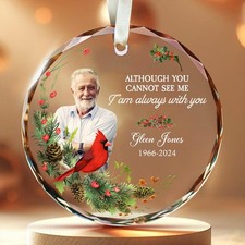 Custom Photo Memorial Heart Glass Ornament, Dad Mom Memorial Christmas Ornament