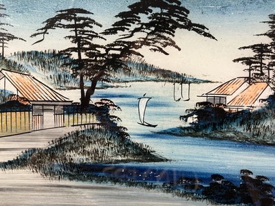 Antique Fixed Under Glass School Japanese Japan Xixth Rep Un Landscape Marin