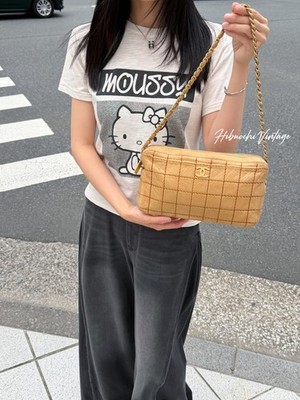 Auth CHANEL Coco Mark Wild Stitch Choco Bar Chain Shoulder Bag Beige Vintage