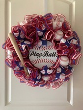 Handmade Play Ball! Baseball Mesh Wreath with...