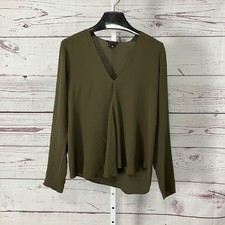 Theory Silk Blouse Olive Green V Neck Long Sleeve Top Womens Size Medium