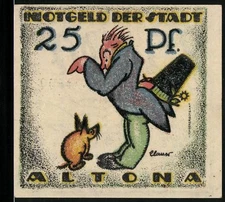 Notgeld Altona, 1921, 25 Pf, humorvolle Illustration mit Mann und Hund, Rücksei 