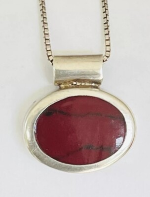 Vintage ATI Mexico Sterling Silver Oval Slide Red Jasper Pendant