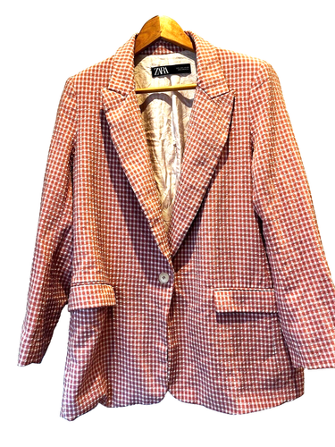 Zara Dusky Pink Cream Gingham Blazer Jacket L 14-16 Check Coat Bogger Oversize - Picture 8 of 15