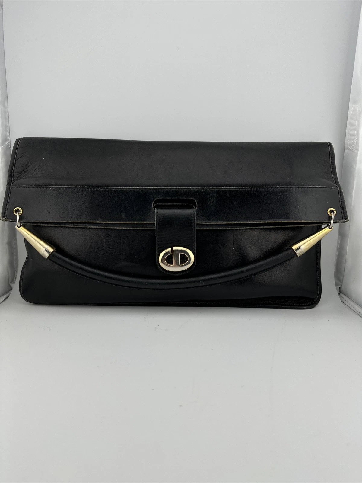 RARE Sac à main vintage Christian Dior pochette pliante or noir matériel de collection