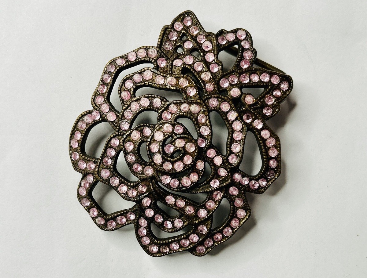 Vintage Brass Pink Rose Rhinestones Women display picture 2