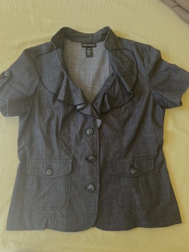 Fashion Bug Women’s Blazer Short Sleeve Size 10 Black Denim Button Down Ruffle - Picture 6 of 9