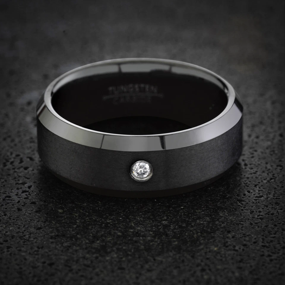 Anillo de tungsteno de una sola piedra para hombre alianza de boda para hombre anillo de boda negro tungsteno Foto 2 de 4