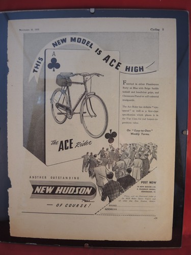 NEW HUDSON ACE RIDER VINTAGE CYCLE FRAMED ADVERT FROM CYCLING November 30th 1955
