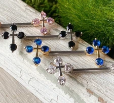 PAIR CZ Gem Cross Ends Nipple Rings Barbells Shields Body Piercing Jewelry