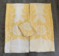 3 Pc Vintage Cannon Made in USA Towel Wash Cloth Set Retro Yellow White Floral