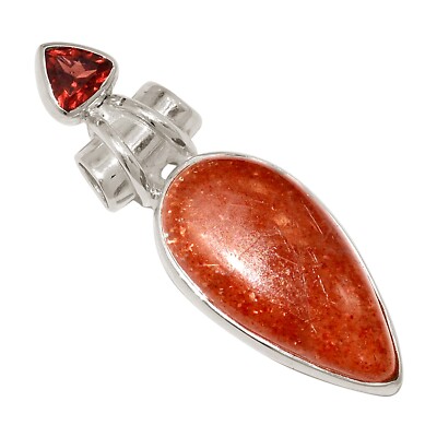 Natural Rainbow Sunstone - Madagascar & Garnet 925 Silver Pendant ALLP-29837