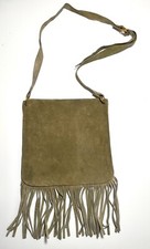 Vintage 1960s suede hippy purse, bag with fringe/olive green