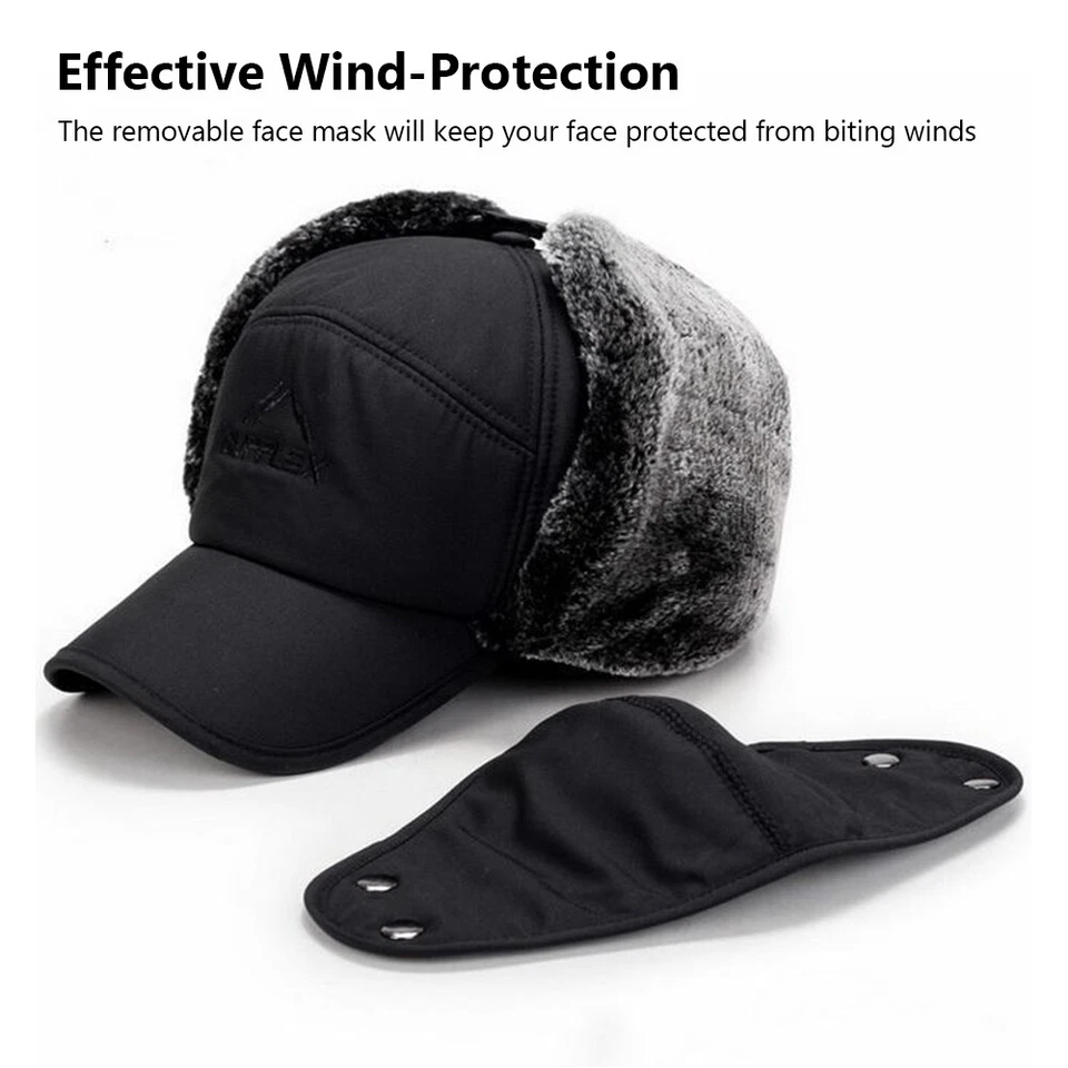 Hombres Invierno Trampero Sombrero Piel Oreja Solapa Cálido Aviador Gorra Máscara Facial A Prueba de Viento Térmica Foto 3 de 4