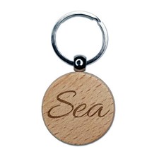 Sea Fun Text Engraved Wood Round Keychain Tag Charm