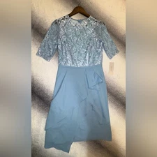 Teri Jon Dusty Blue Lace Beaded Bodice Beautiful Drape Cocktail Midi Dress 6