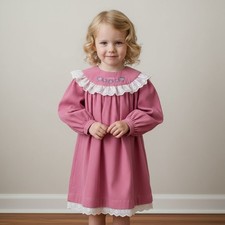 Vtg 90's OshKosh B'Gosh Dress Girls Size 4T Hot Pink Corduroy Floral Eyelet Lace