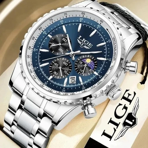 LIGE Mens Wristwatch Luxury Quartz Chronagraph Waterproof Sports Silver Watch