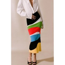 STAUD KARINA  MARBLE WAVE Midi Skirt Colorful Stretch Women's Size M