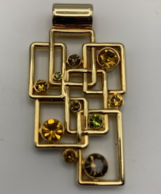 Lia Sophia Gold Tone Metal Pendant, Rectangles w Multicolor Yellow, Green Stones