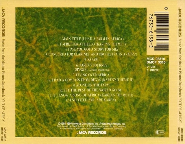JOHN BARRY | OUT OF AFRICA / JENSEITS VON AFRIKA | SOUNDTRACK CD MCA SONOPRESS - Bild 3 von 4