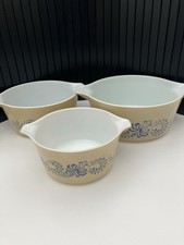 Vintage 70’s Glass Pyrex Homestead Set Of 3 Casserole Dishes X 1 Lid,blue/beige