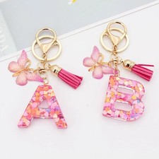 Pink Butterfly Initial Keychain Resin A-Z Alphabet Tassel Bag Charm Gift