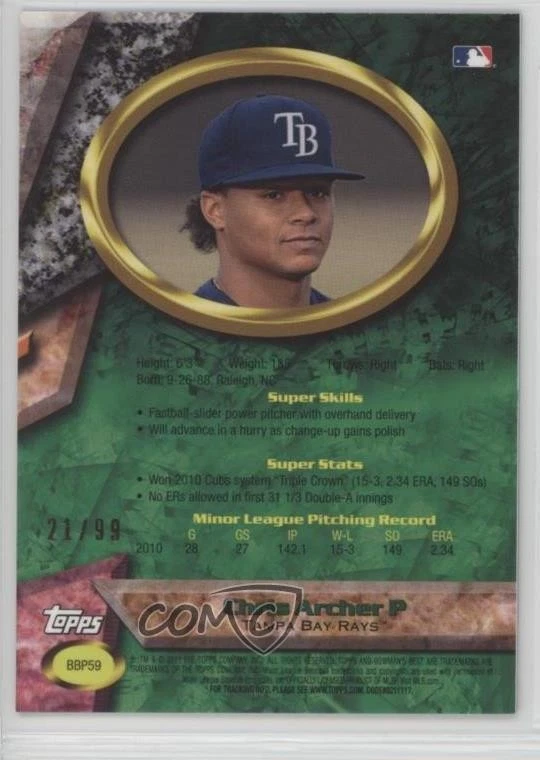 2011 Bowman Bowman's Best Prospects Refractor /99 Chris Archer #BBP59 - Image 2 of 2
