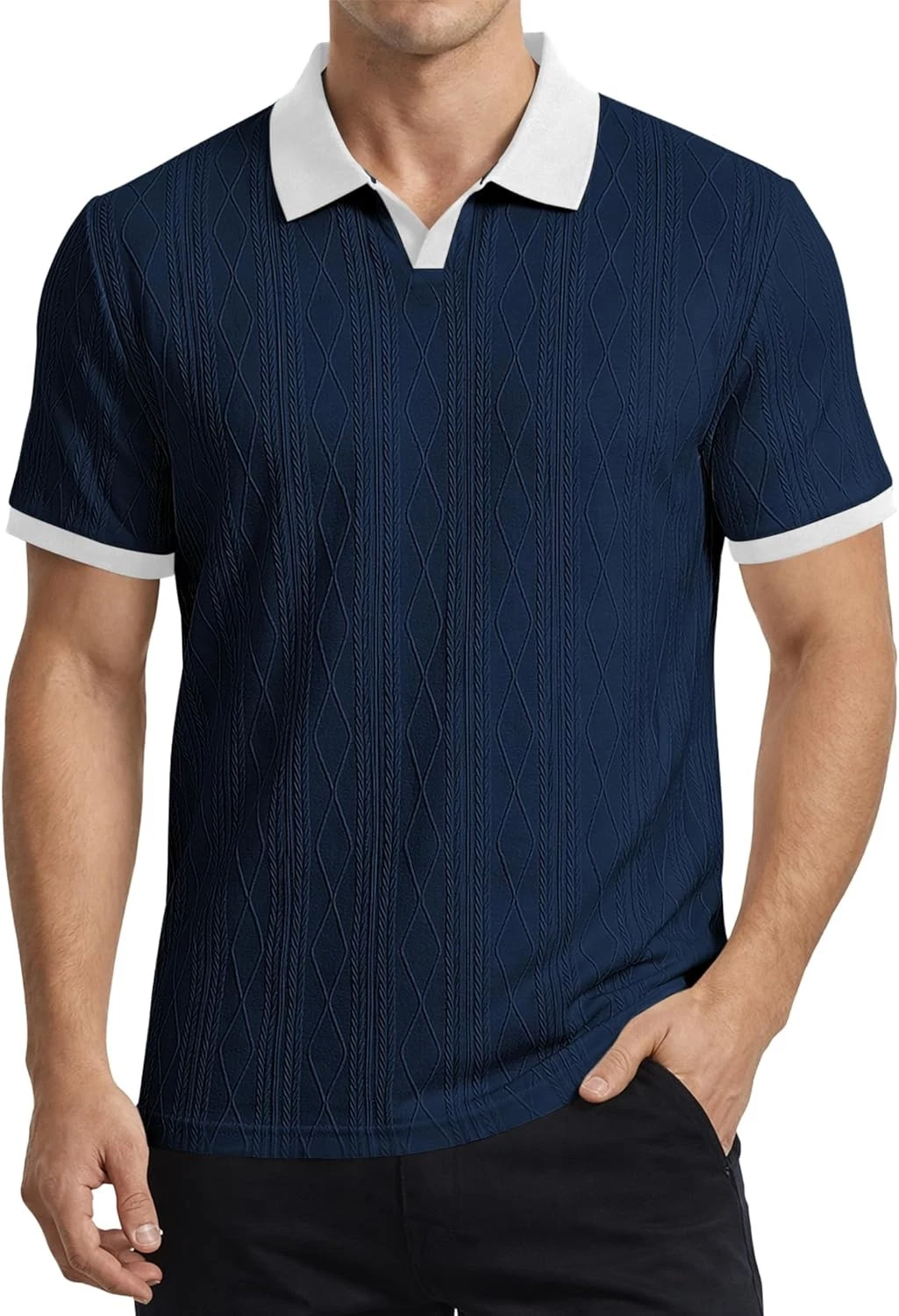 Men's Casual Short Sleeve Cable Knit Texture Polo Shirts Cotton