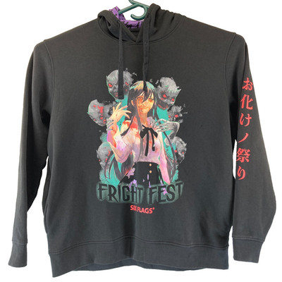 Six Flags Fright Fest Anime Girl Hoodie Black Purple XL Japanese Ghost Festival