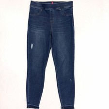 Spanx Distressed Skinny Jeans Large 12 Dark Wash Pull On Raw Hem High Rise Ankle