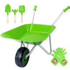 Kids Wheelbarrow Set Metal, Child Wheel Barrel Green Easy to Assemble and Kid...