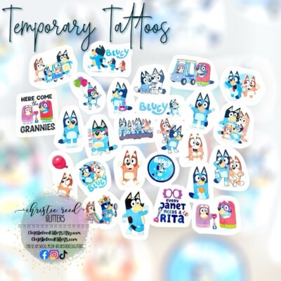 Blue Dog Inspired Temporary Tattoos SET OF 12 Personalization Bluey Party Favors