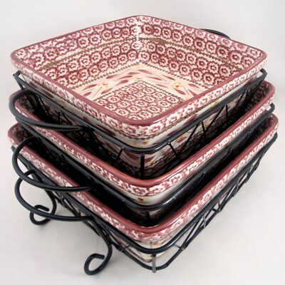 Temptations Old World Cranberry Red Square Baker Trivet Rack Set 1.5, 2 & 2.5 Qt