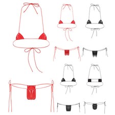 Womens Patent Leather Bikini Set Halter Lace-up Bra Top with G-string Swimwear