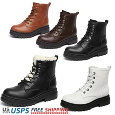 Women Lace Up Military Combat Boots Low Heel Side Zipper Ankle Boots