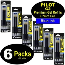 Pilot 77241 G2 Refills, 0.7mm Fine Point, Blue Gel Ink, 6 Packs of 2 Refills