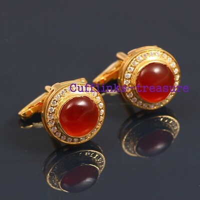 Natural Red Onyx & CZ Gemstones 925 Sterling Silver Gold Plated Men Cufflinks#89