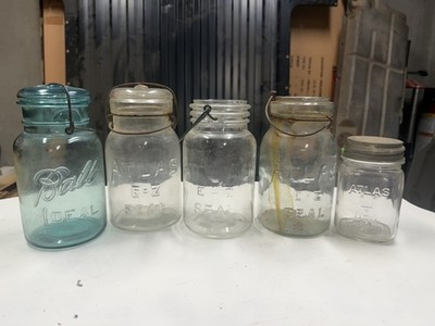 Vintage Glass BALL & ATLAS E-Z Seal Mason Jars Lids Wire Bail