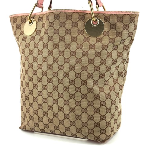 GUCCI GG Canvas Tote Shoulder Bag Beige Gold Leather Pink Authentic 120836 - Picture 3 of 18